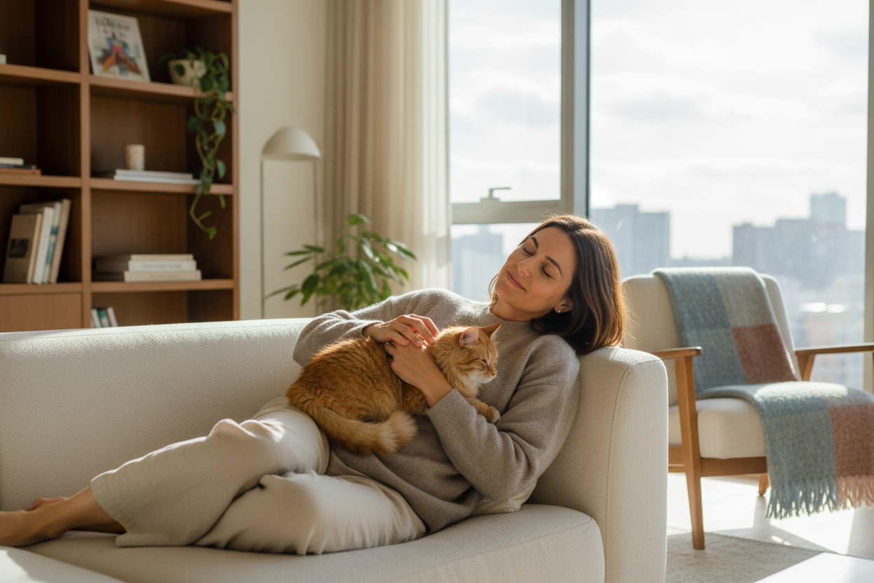 A realistic lifestyle photo of a cat owner relaxing at home with their cat, natural window light, calm and cozy atmosphere, modern interior, emotional bond between human and cat, premium home lifestyle photography, soft colors, clean background, no text, no branding, high resolution, commercial quality