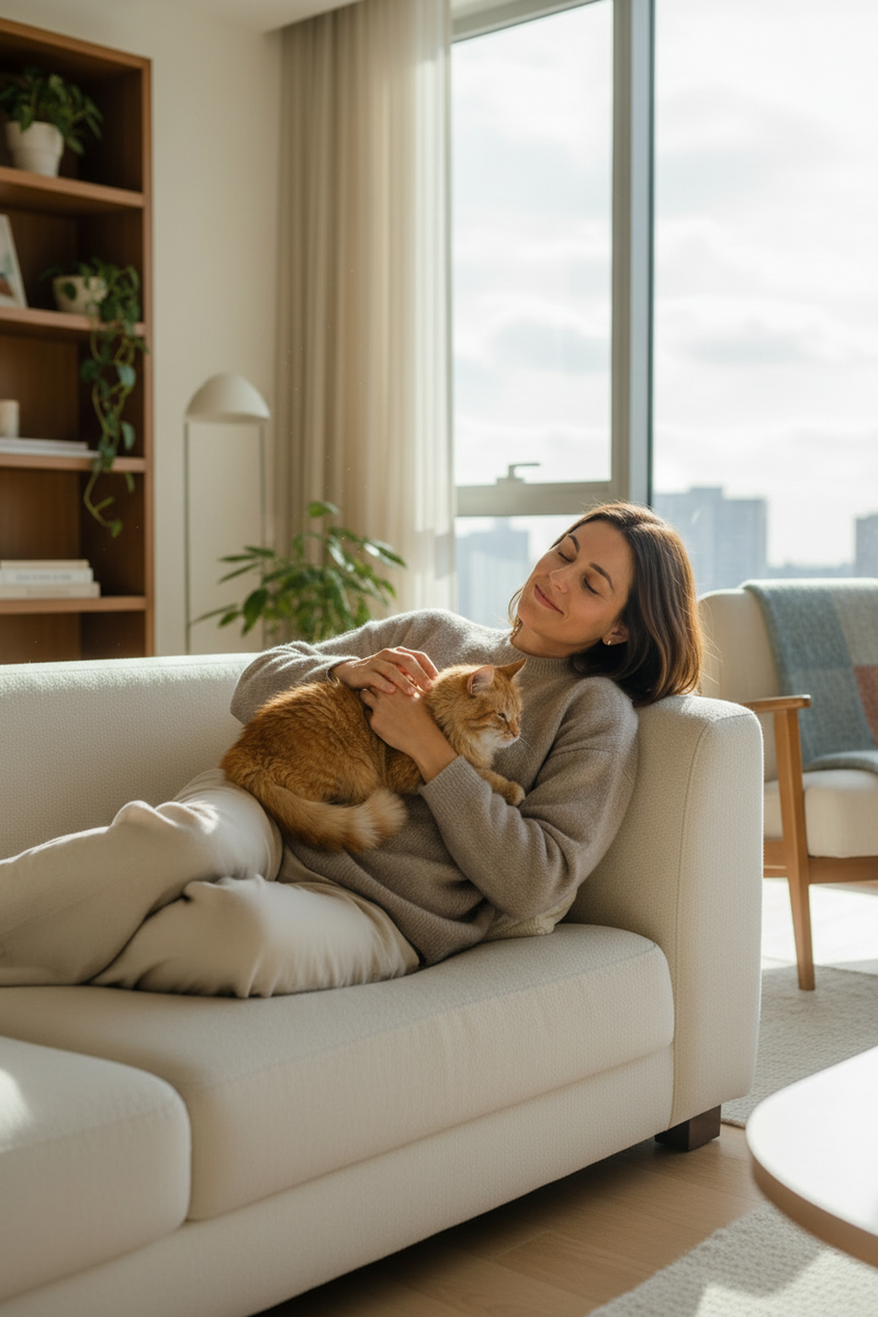 A realistic lifestyle photo of a cat owner relaxing at home with their cat, natural window light, calm and cozy atmosphere, modern interior, emotional bond between human and cat, premium home lifestyle photography, soft colors, clean background, no text, no branding, high resolution, commercial quality