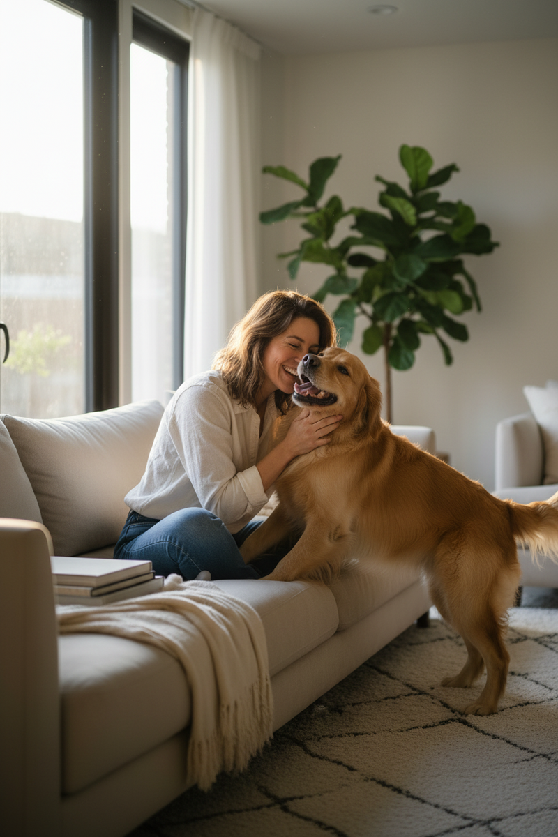 A warm, natural lifestyle photograph of a happy dog owner sitting on a modern sofa at home with their dog, soft natural daylight, cozy and clean living room, strong emotional connection between human and pet, realistic photography, premium look, minimal background, neutral colors, shallow depth of field, high detail, no text, no logos, professional commercial photography, UK lifestyle aesthetic